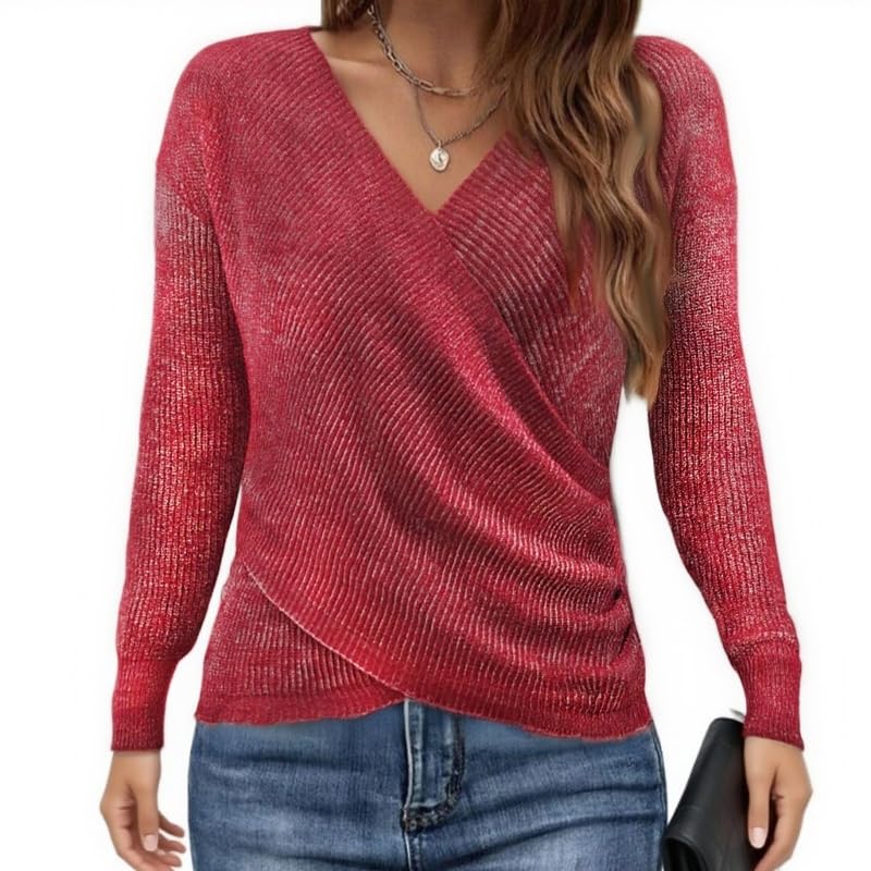 Womens Criss Cross Sweater V Neck Long Sleeve Off Shoulder Pullover Wrap Ruched Knit Casual Fall Winter Jumper