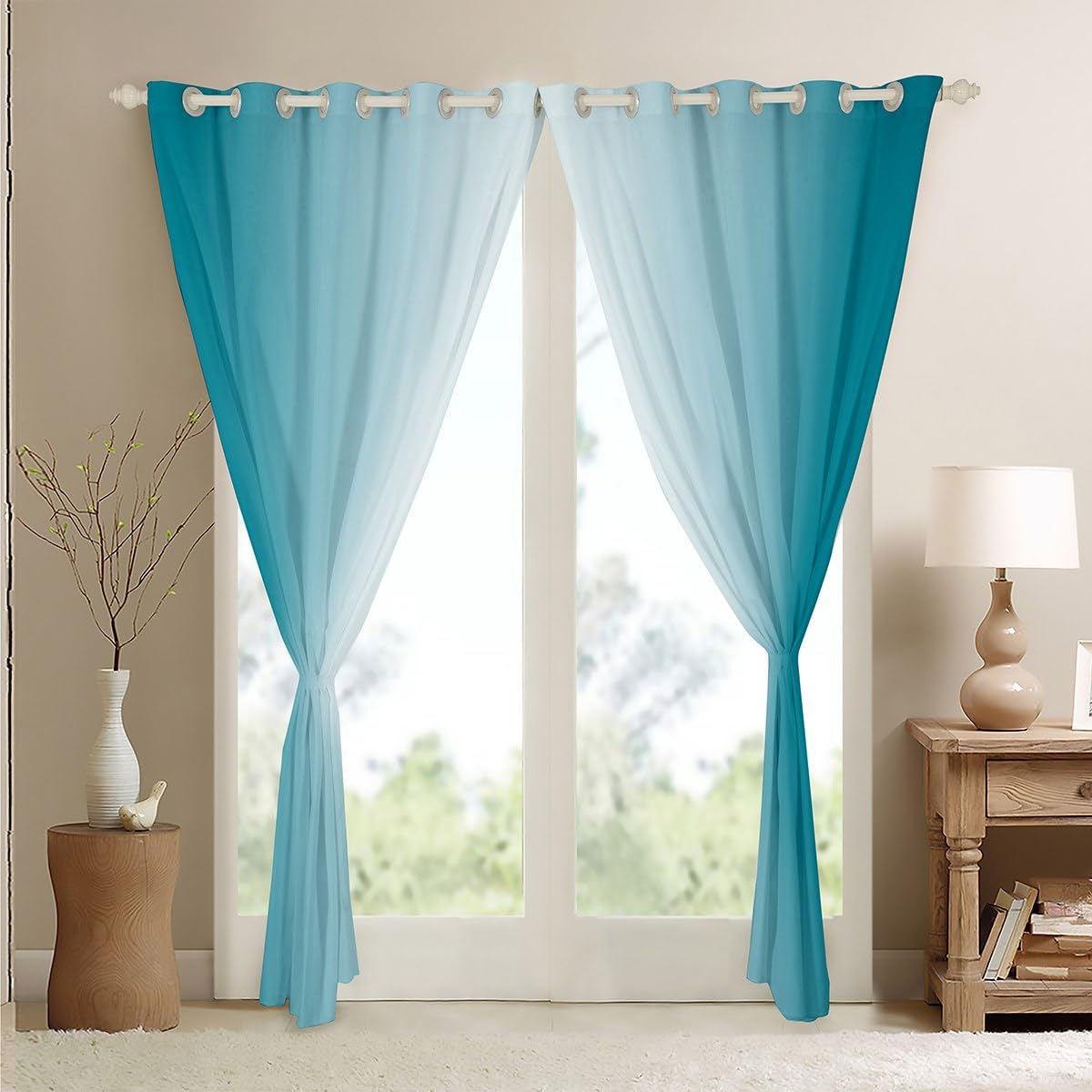 Homemissing Teal Blue Darkening Drapes Gradient Style Curtains for Bedroom Living Room For Kids Women Men Ombre White 30%-50% Blackout Curtains Geometric Window Treatments W52*L90 - Image 4