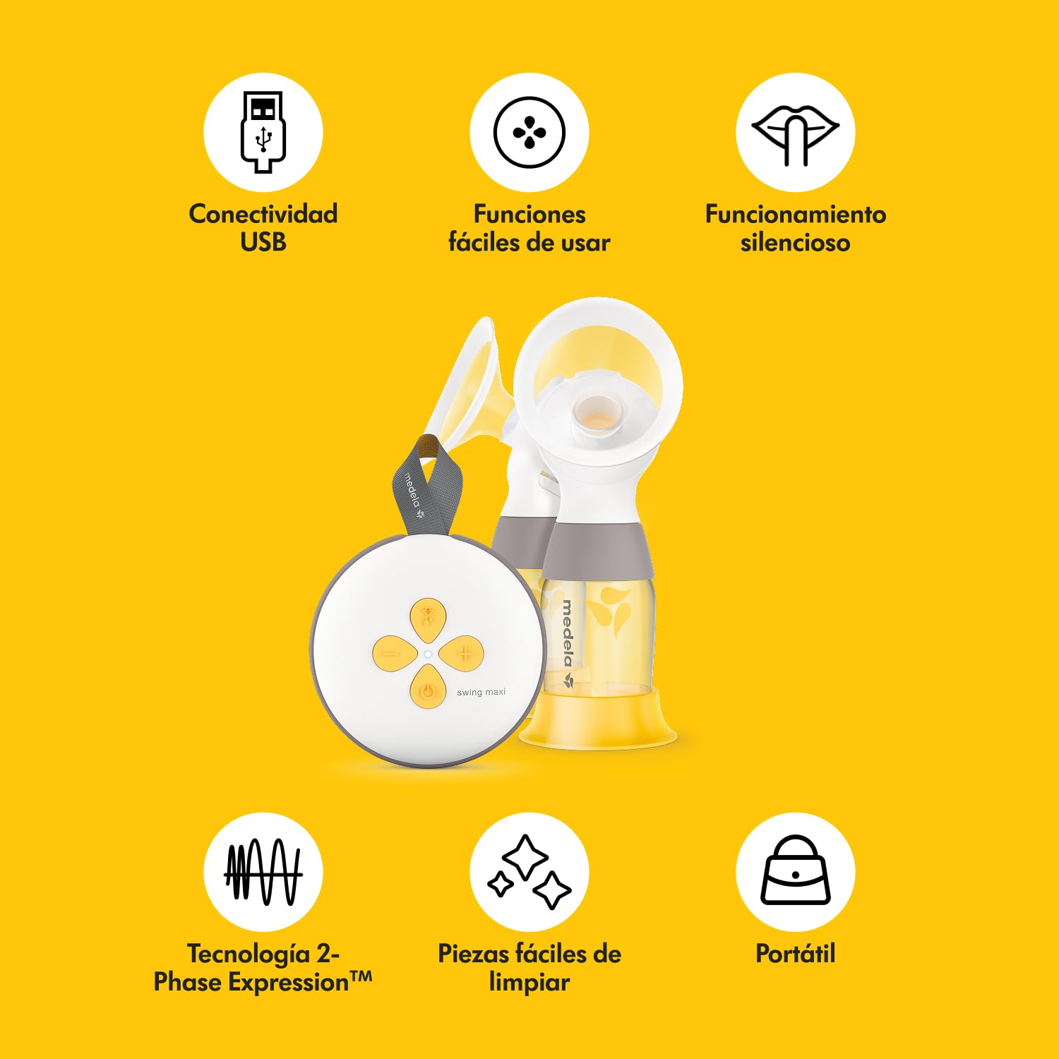 Medela Swing Maxi Extractor de leche eléctrico doble, más leche en menos tiempo, recarga mediante USB, embudos PersonalFit Flex y tecnología 2-Phase Expression