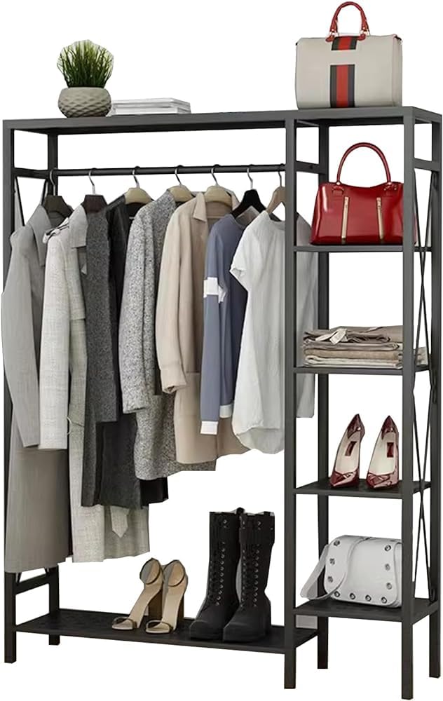 FGXHHS Freestanding Metal Clothing Rack with Shelves, Space-Saving Portable Garment Organizer for Bedroom and Laundry Room