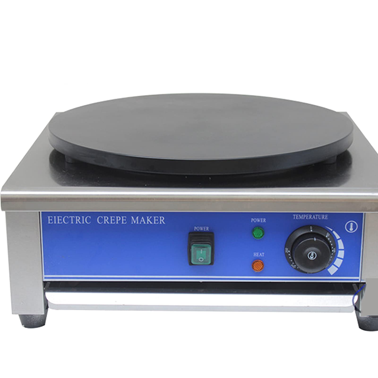 Crepera eléctrica comercial con placa calefactora de 15.7 pulgadas, potencia de 2.8 kW, temperatura ajustable de 50 a 300 °C, incluye esparcidor de masa para uso profesional