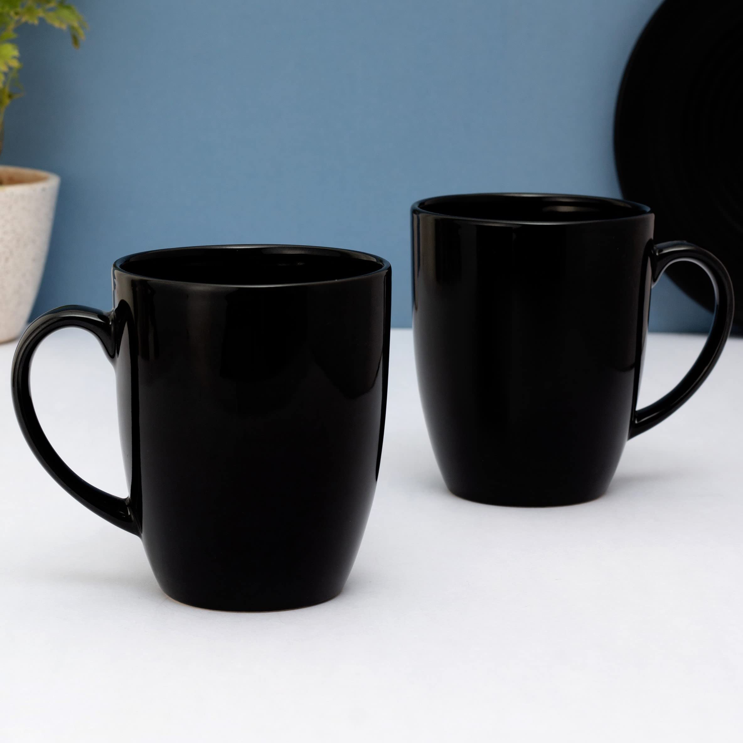 Clay Craft Solid Black Fine Ceramic Milk/Coffee Mug - 340 ml Each - 2 PCs (Solid Black - 2 Pcs)