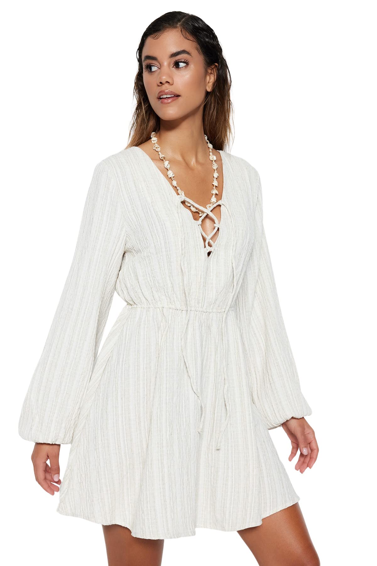 Trendyol FeMan Mini Smock Dress Regular fit Knit Dress,Ecru,38