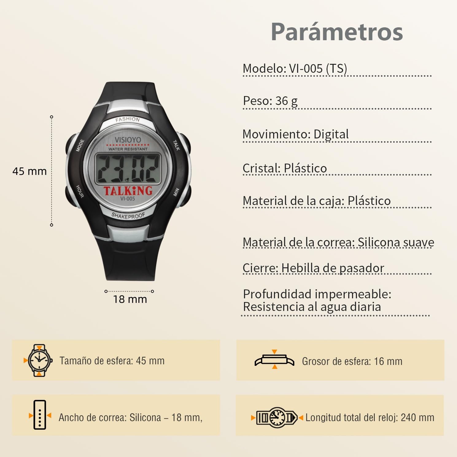 Montre parlante en espagnol pour aveugles | Voix claire en espagnol, annonce de l'heure, alarme, pour les aveugles, la basse vision et les personnes âgées