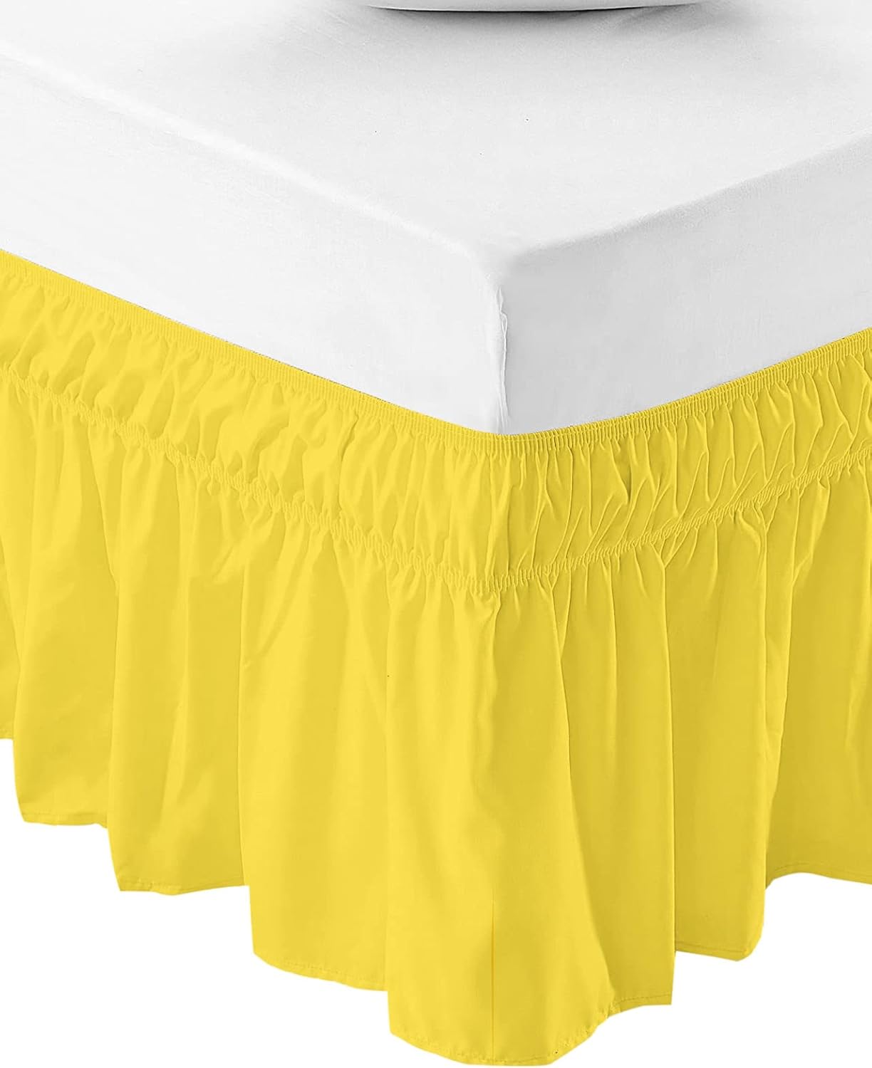 Yellow Bed Skirt Queen Size 16 Inch Drop, Adjustable Elastic Bedskirt Dust Ruffle for Queen Bed, Pure Yellow Wrap Around Bed Skirts Luxurious Pleated Bed Frame Cover
