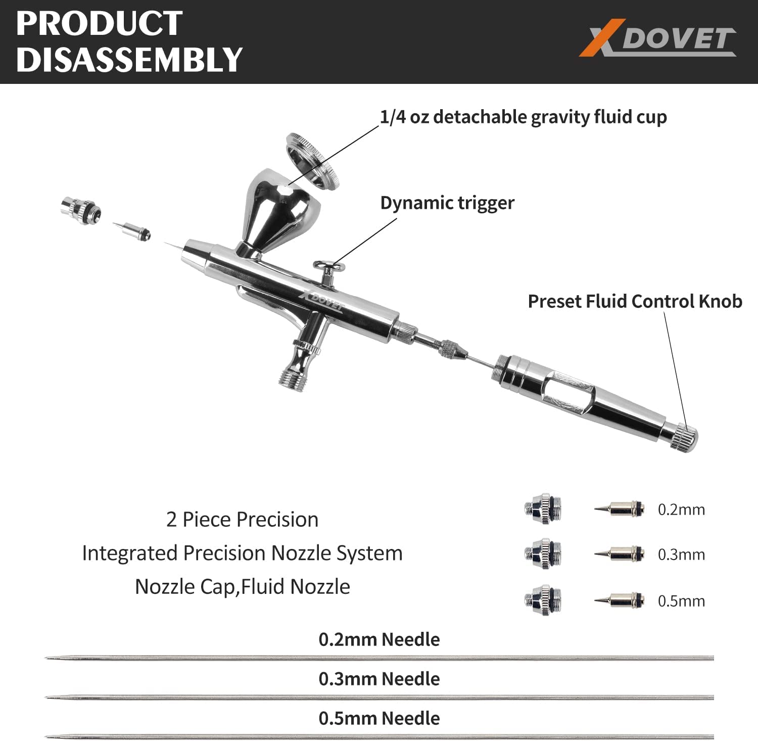 XDOVET Airbrush Performance Set con 0,2/0,3/0,5aghi, 2/5/13/20/40cc, Doppia Azione gravità aerografo(Senza compressore) con Tubo d'Aria, per Tatuaggi, Trucco, Auto