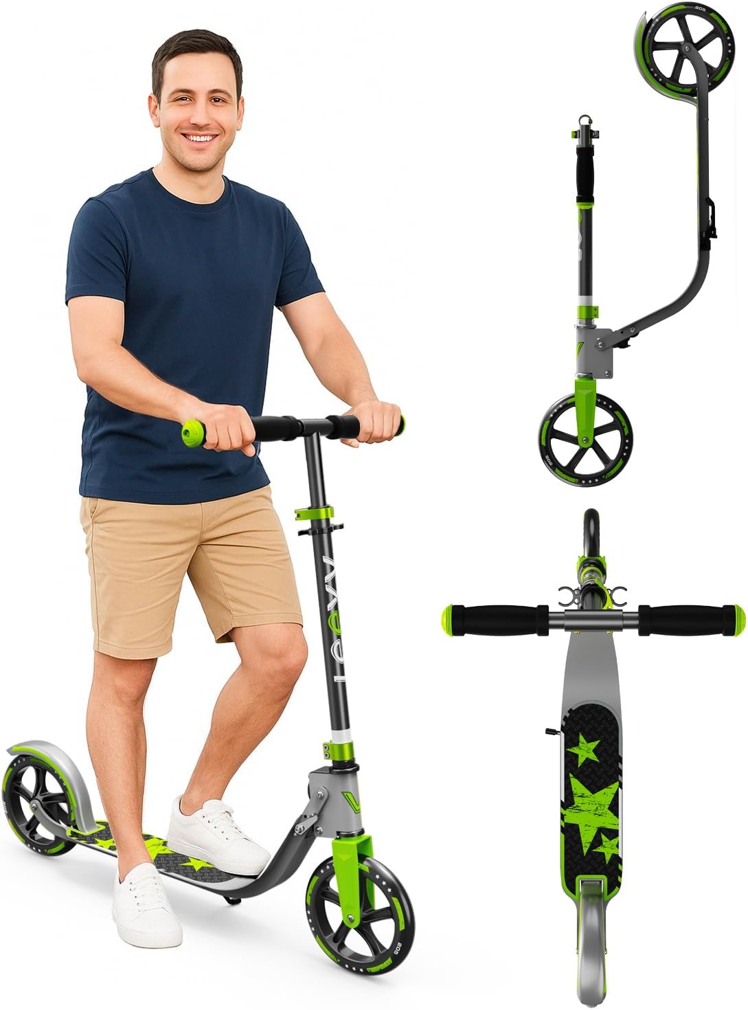 Adult Scooter with Big Wheels | Adjustable Height, Foldable Aluminum Frame | Smooth Ride for Urban Commuting and Outdoor Fun | Suitable for Teens 8-12 | 220 lbs Weight Limit Green