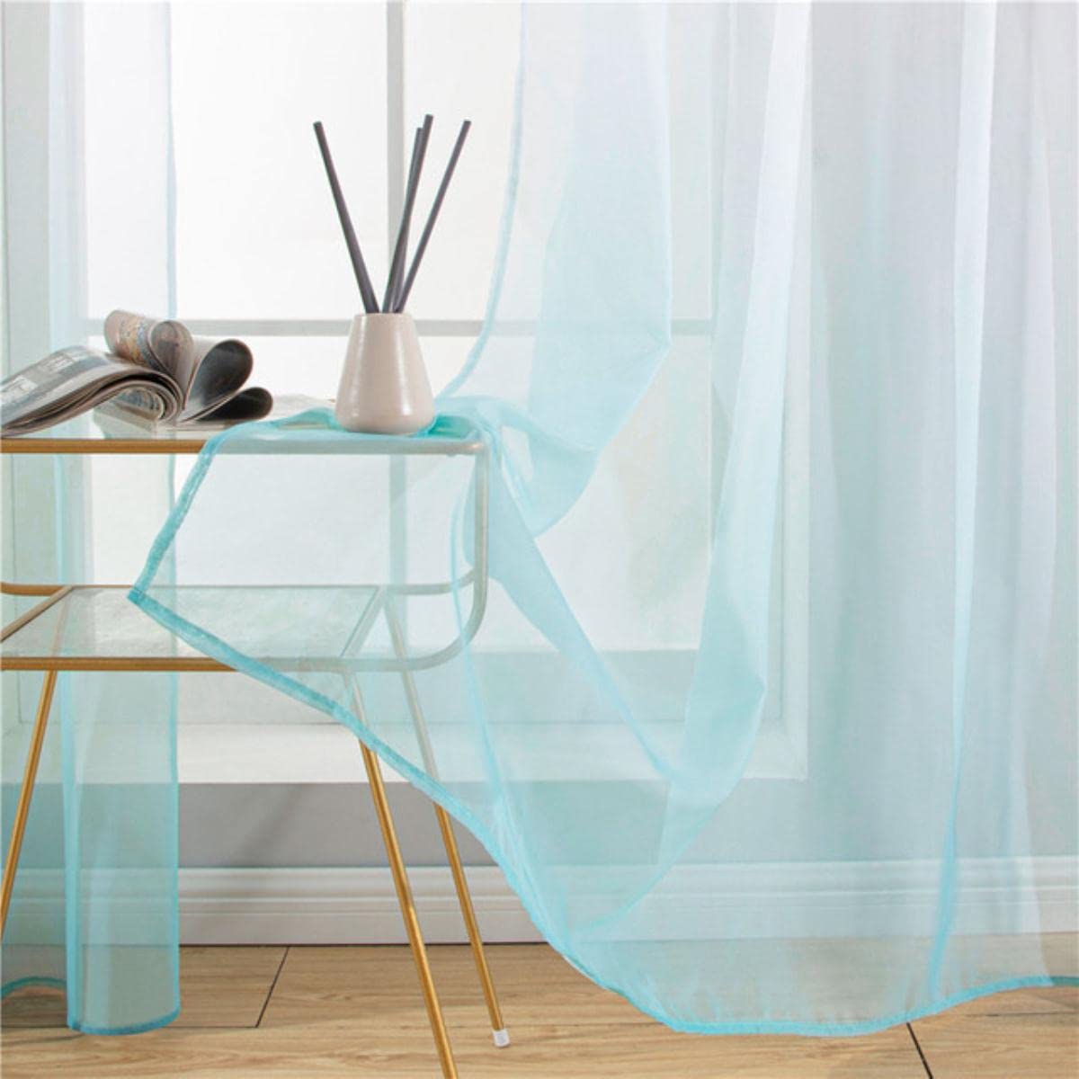 Rideau Dégradé Bleu Tulle pour Salon Rideaux Voilages pour Chambre Cuisine Fil Tulle Panneaux Gris Rouge Violet Mariage Plafond-Bleu Clair,W400cm x H250cm,Pull Plissé Tape