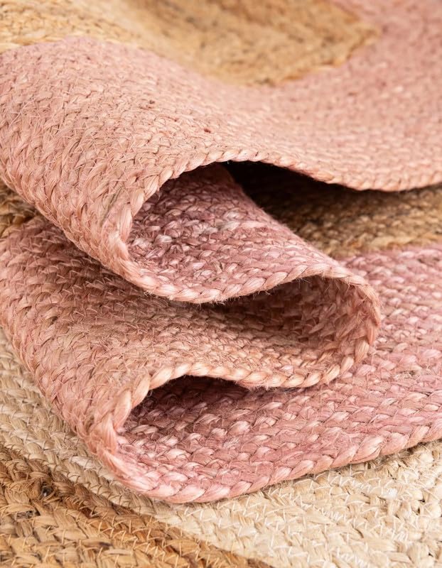 Tapis ovale en fibre naturelle rose, blanc et jute naturelle, 0,9 x 1,5 m, tissé à la main | Décoration d'intérieur rustique et contemporaine | Tapis durable pour chambre à coucher