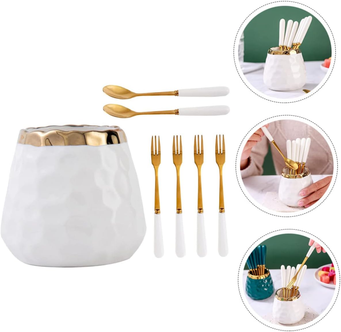 High-class Ceramic Stainless Steel Fruit Fork Storage Jar Fork and Spoon Kitchen Cutlery Party Cake Spoons Silverware