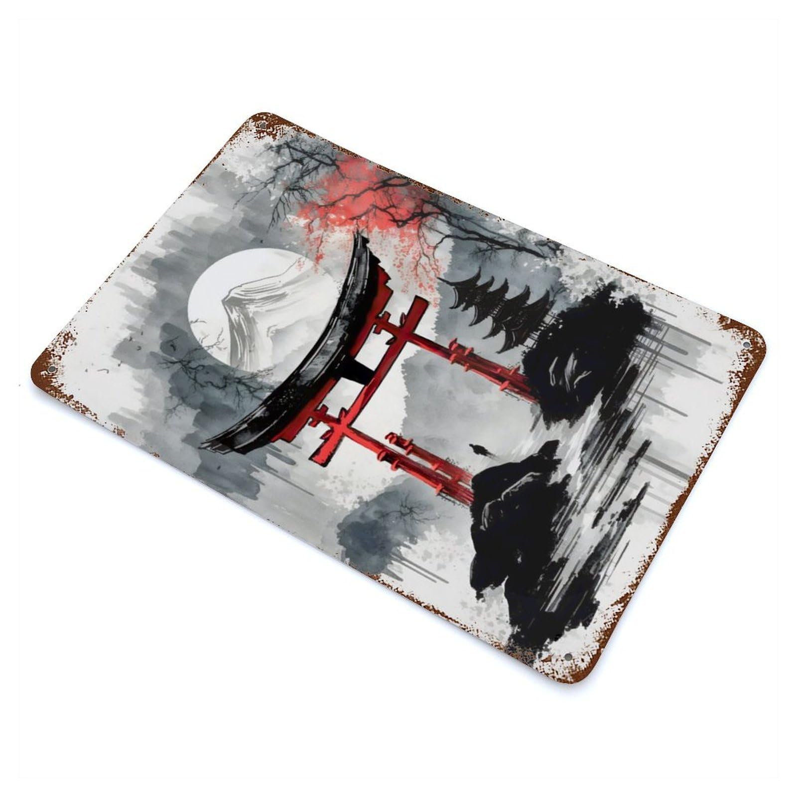 Japanese Torii Gate Paint Weathered Tin Sign 11.8"x7.9", Rustic Home Decor for Office, Studio And Wall Decor