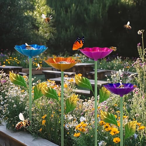 Yonisun Bee Watering Station, 4 Pack Butterfly Drinking Station with Flower Design for Garden,Colorful Metal Flying Insects Feeder Baths for Outdoor Garden Yard Decor(Red,Blue,Yellow,Purple)