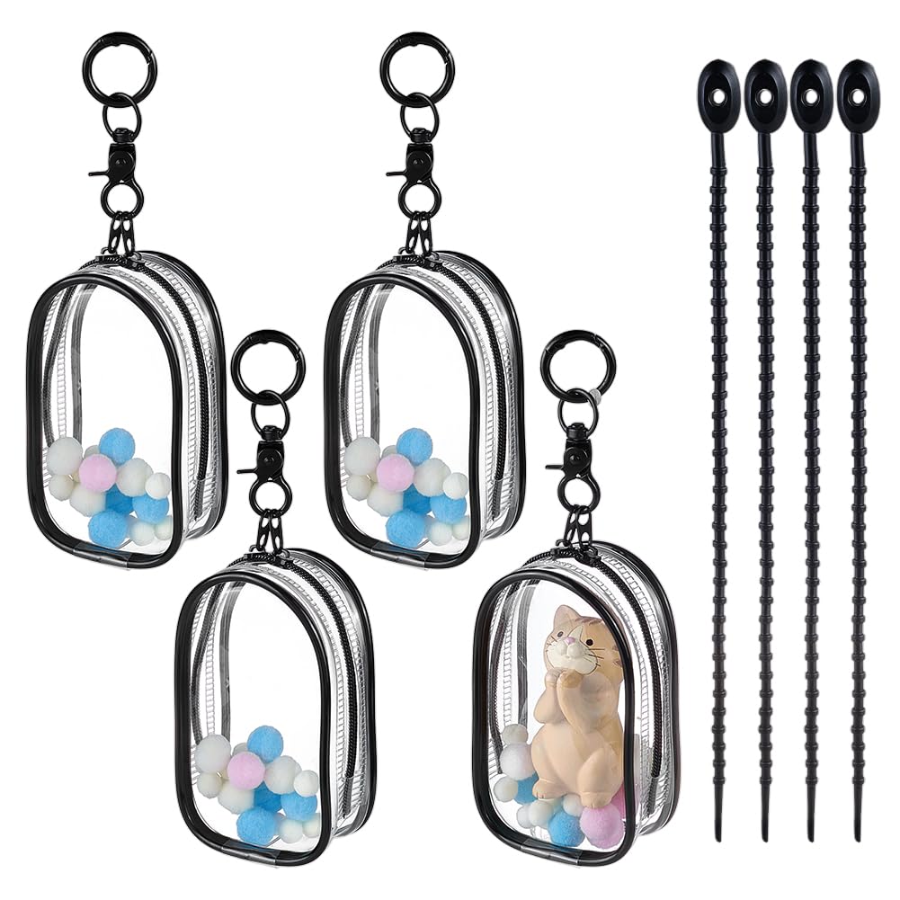 FINGERINSPIRE 4PCS Clear Figures Display Bag 10.7x6.6x4cm Black Portable Figures Storage Bag with Keychain Plastic PVC Display Case with Small Balls Single Zipper Closure Collectible Case