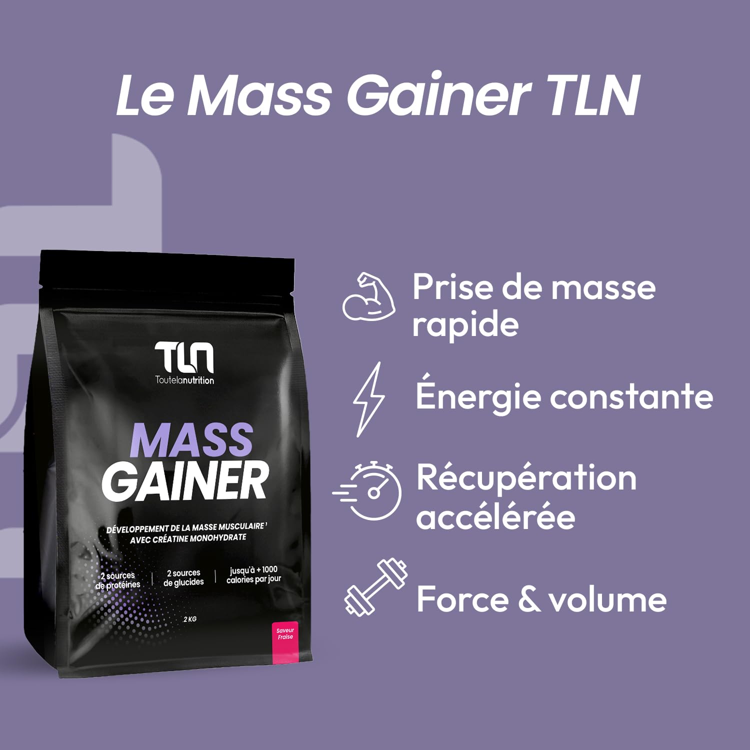 MASS GAINER | Gainer Prise de Masse Musculation | Créatine | +1200 kcal par jour | Protéines Whey & Caséine + Glucides Avoine & Maltodextrine + MCT | 20 Portions par Doypack de 2 kg | Fraise | TLN