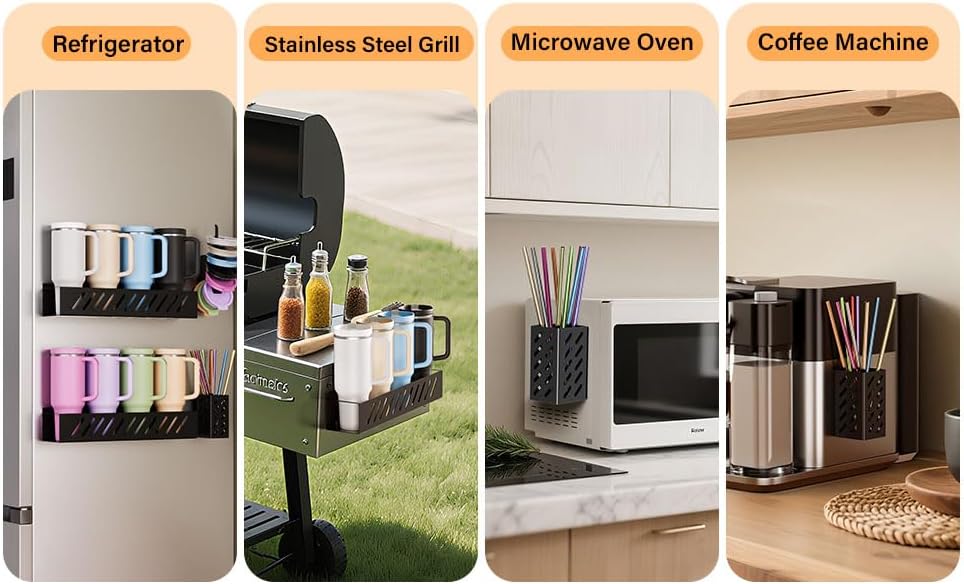 2-Pack Magnetic Stanley Cup Holder with Tumbler Lid & Straw Organizer for Full Stanley 30/40 oz Tumblers - Stores Bottle, Lid & Straw on Fridge/Iron - Removable - Image 7