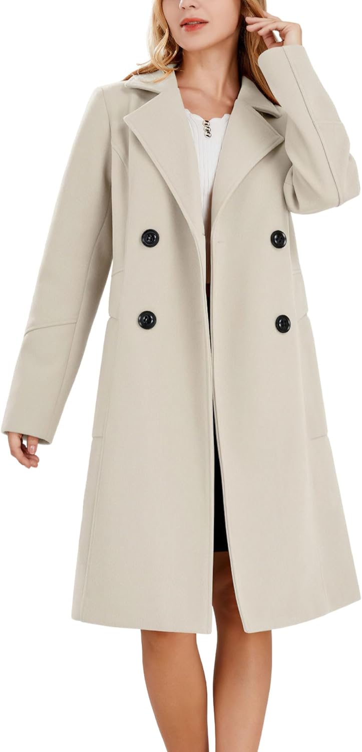 chouyatou Women's Basic Essential Double Breasted Mid-Long Wool Blend Pea Coat