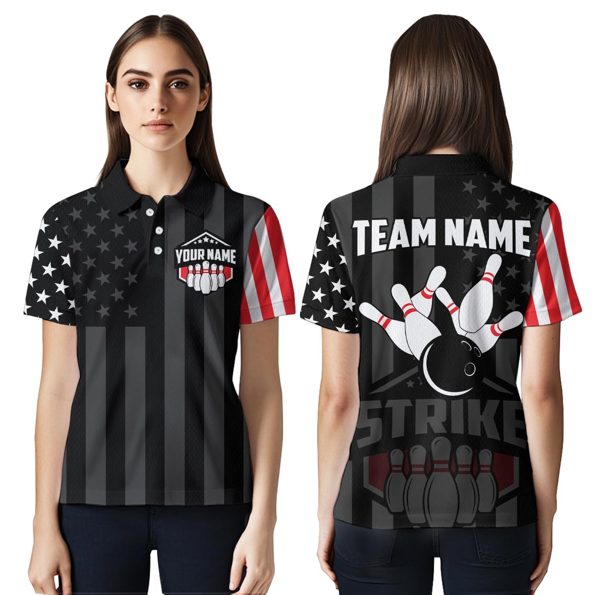 PIONAMZIOZ US Flag Bowling Shirt Bowling Jersey for Men Women Personalized Bowling Gifts for Men Women Team Polo & 1/4 Zip (US, Alpha, Small, 5X-Large, Regular, Regular, Women Polo)