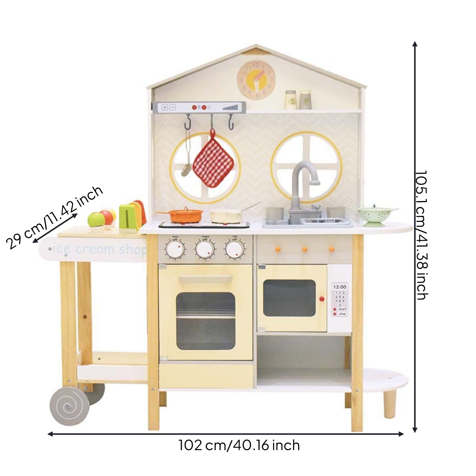 Cocina de Juguete Infantil de Madera Juego de Cocina Fregadero Placa Horno con Juego Completo de Accesorios Estantes Abiertos y Panel Trasero