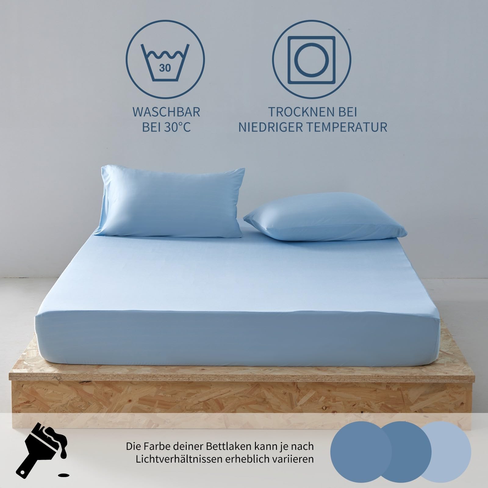Lenzuolo con angoli elasticizzati estivi in raso, 160 x 200 cm, blu chiaro, 90% nylon + 10% elastan, Q-Max > 0,4, lenzuolo elastico fino a 30 cm di altezza, per sudorazione notturna e per dormire