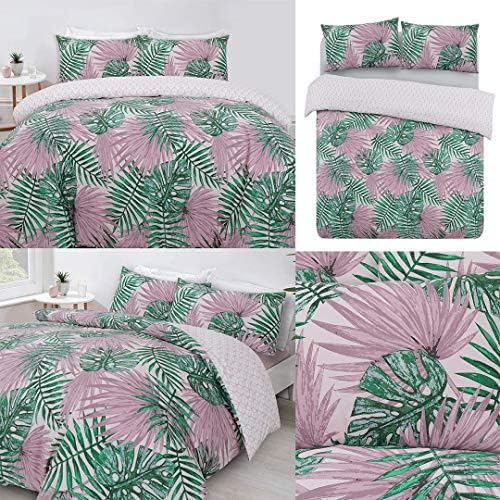 Night Comfort Duvet Cover with Single Pillowcase - Reversible Soft Cotton Blend Tropical Forest Green Palm Leaf Printed Quilted Full Bedding set for Modern Bedroom, Single, Wesley Pink/Green