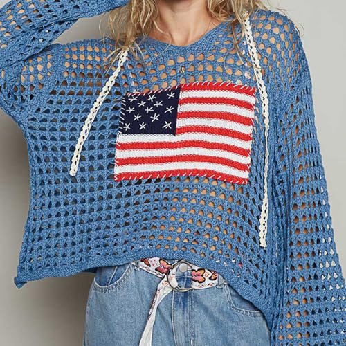 Women's American Flag Crochet Sweater 4th of July Long Sleeve Loose Pullover Hollow Cover Up Tops Summer Beach Party2