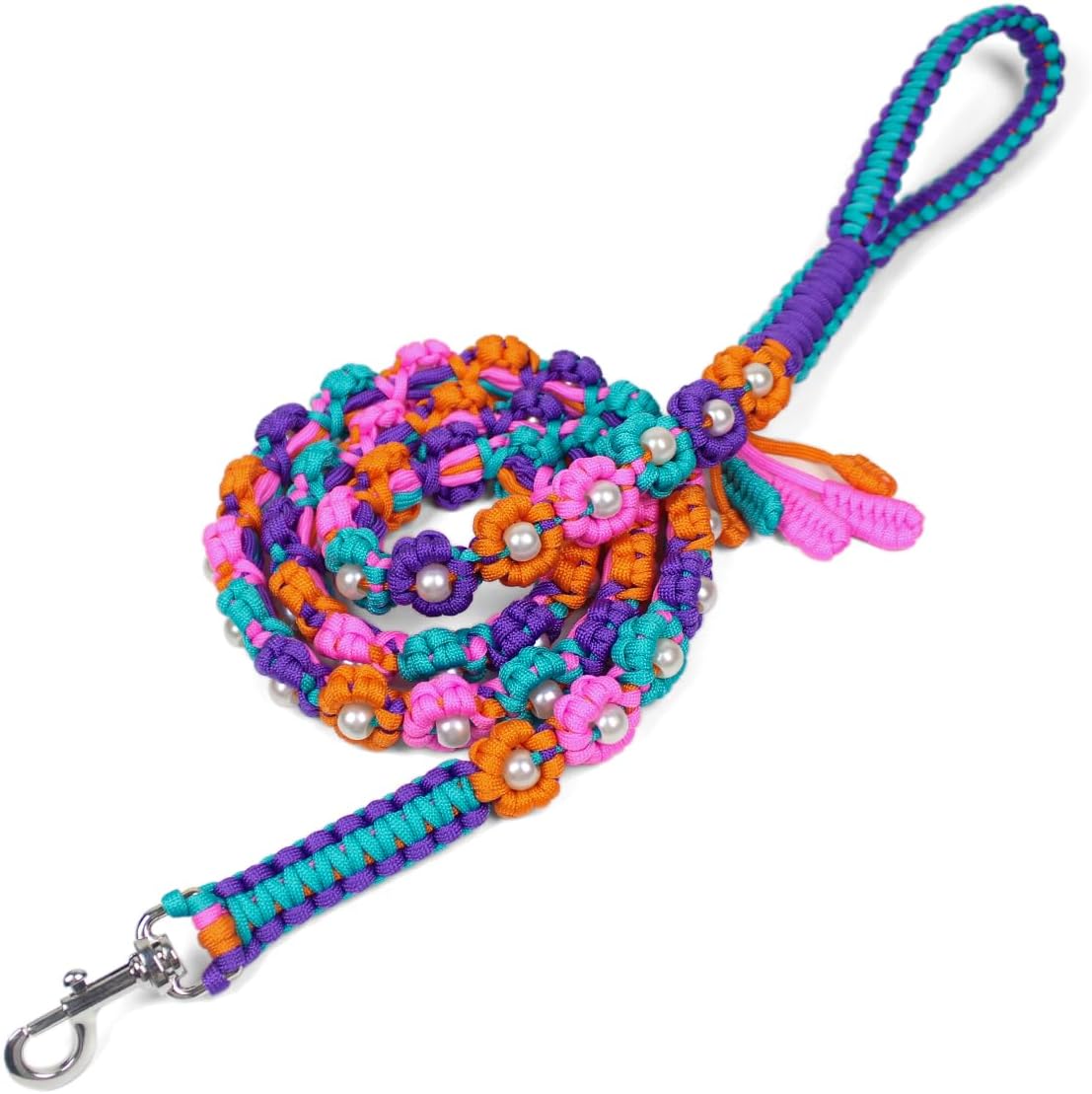 Cute Handmade Paracord Dog Leash – Unique Hand-Braided Durable Multi-Color Flower Design Pet Accessory for Small Medium Dogs Bright Multi-Color
