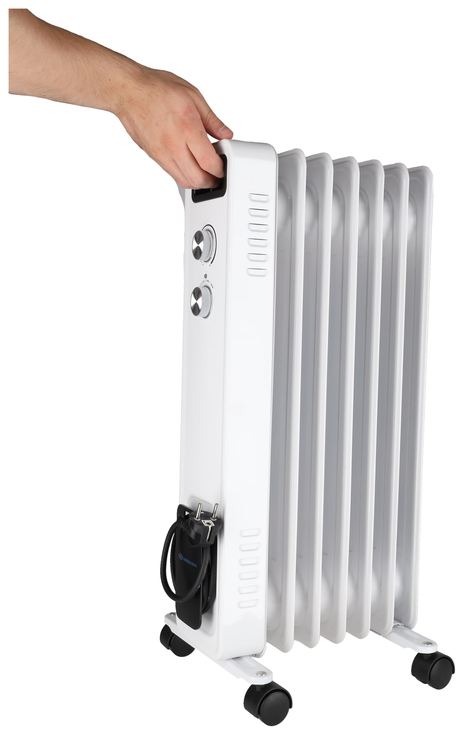 Radiador de aceite DESCON DA-J1501, 1500 W, 7 costillas, control de temperatura, termostato, tres niveles de calor, ruedas de transporte, compartimento para guardar cables, protección antivuelco