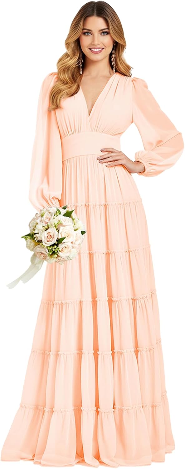 Women's Long Sleeve Tiered Bridesmaid Dresses V Neck Pleated Chiffon Empire Waist Formal Evening Prom Gowns