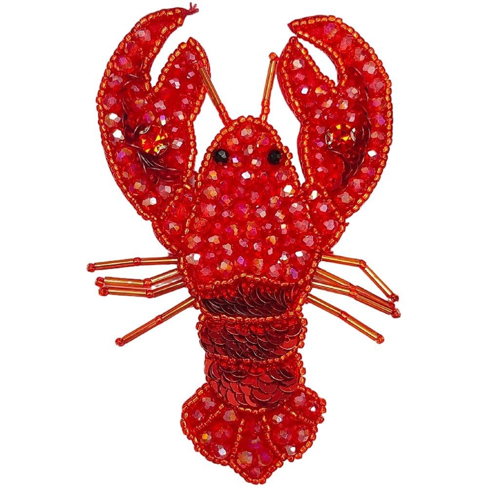 Casiler Red Beading Lobster Shrimp Cartoon Patch, Embroide Sew-On Applique For Backpacks Jackets Clothing Patch