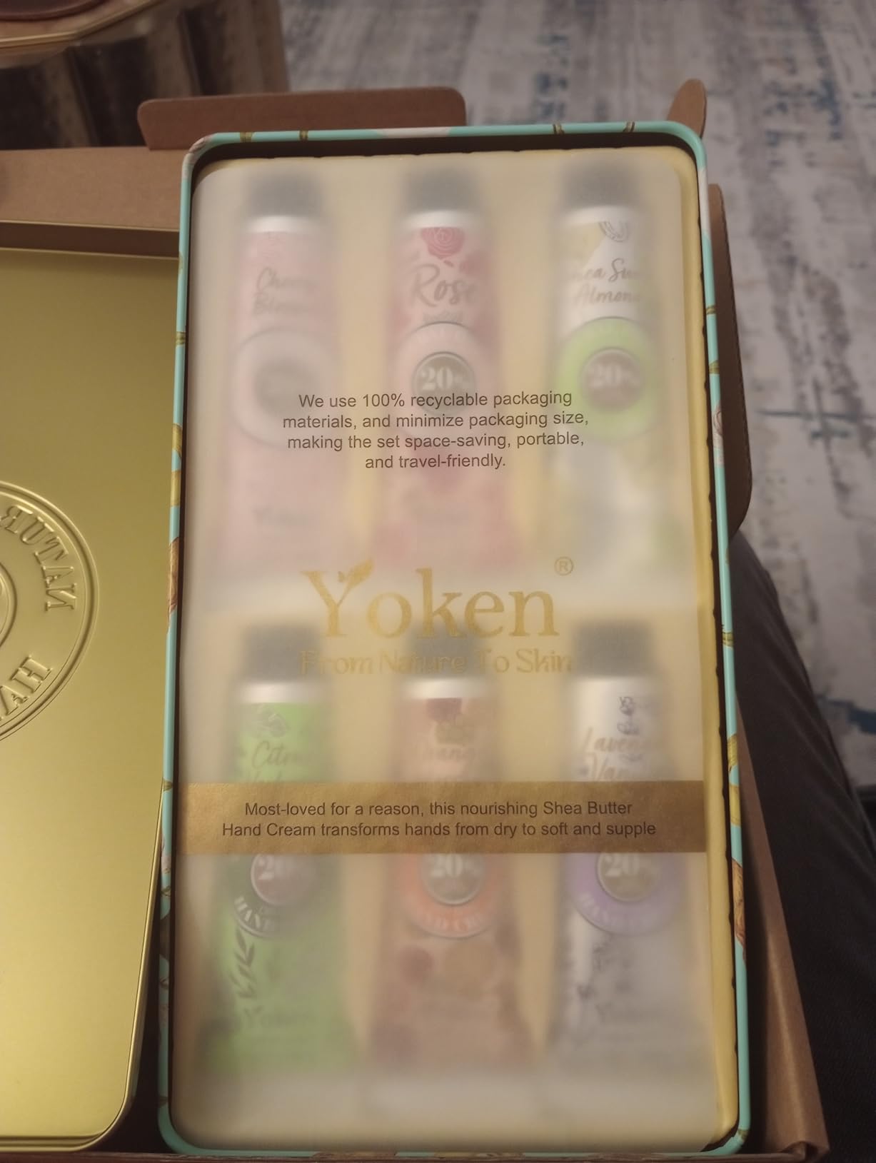 Yoken 20% Shea Butter Hand Cream Gift Set, Instant Soothing Moisturizing Hand Cream for Women Nourishes Dry Hands, 6-Piece Delicate Tin Gift Set Almond, Citrus Verbena & Floral-Scented, 6 x 1 OZ