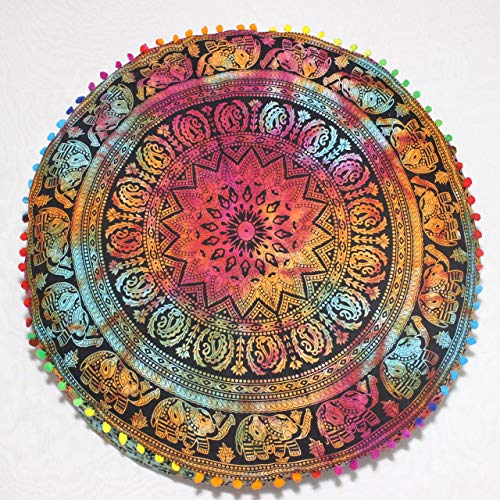 Gdonline Elephant Mandala Cotton Handmade Round Floor Pillow Case Indian Round Pouf Large Meditation Pillow Cover Outdoor Bed Cover Round Cushion Cover 35 X 35X Inch #TOP1
