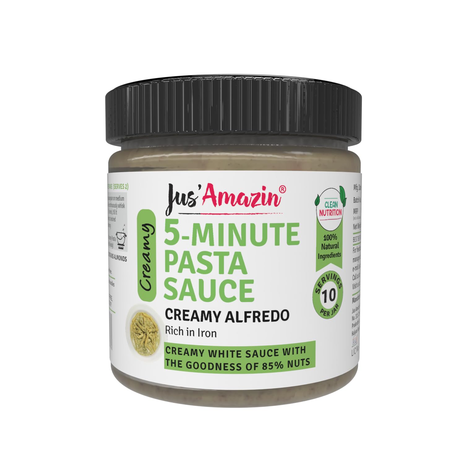 Jus' Amazin 5-Minute Pasta Sauce - Creamy Alfredo (200g), Only 5 Ingredients, 100% Natural, 85% Nuts, Zero Additives, Ready to Cook, Italian Cuisine
