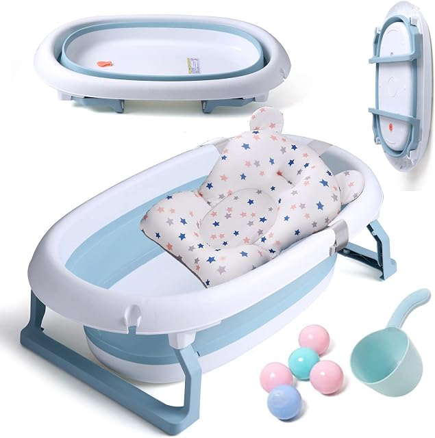 Large Foldable Baby Bathtub (55L), Baby Bath Tub with Cushion Pad, Non-Slip Support Leg, Collapsible Tub for Toddler Baby Kids Bathing - Childrens Travel Shower Bath Tubs | Shampoo Cup&Mini Play Balls