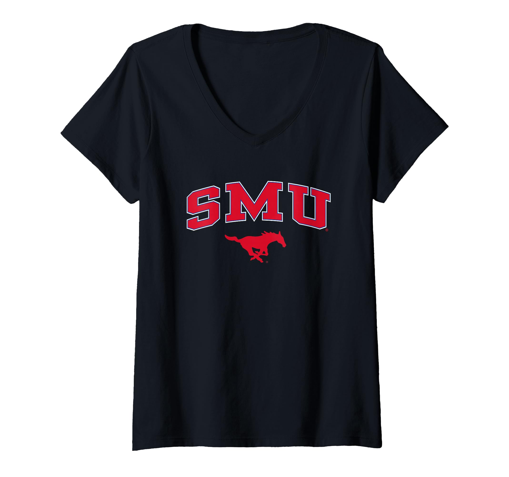 Womens SMU Mustangs Womens Arch Over Black Officially Licensed V-Neck T-Shirt