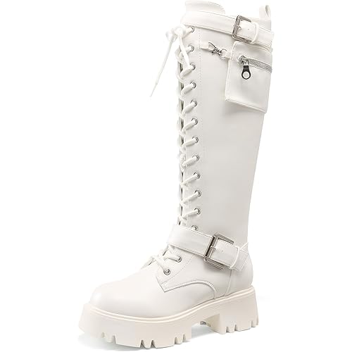DREAM PAIRS Women's Combat Riding Platform Knee High Boots, Lace Up Fall Lug Sole Gothic Motorcycle Boots with Inside Zipper