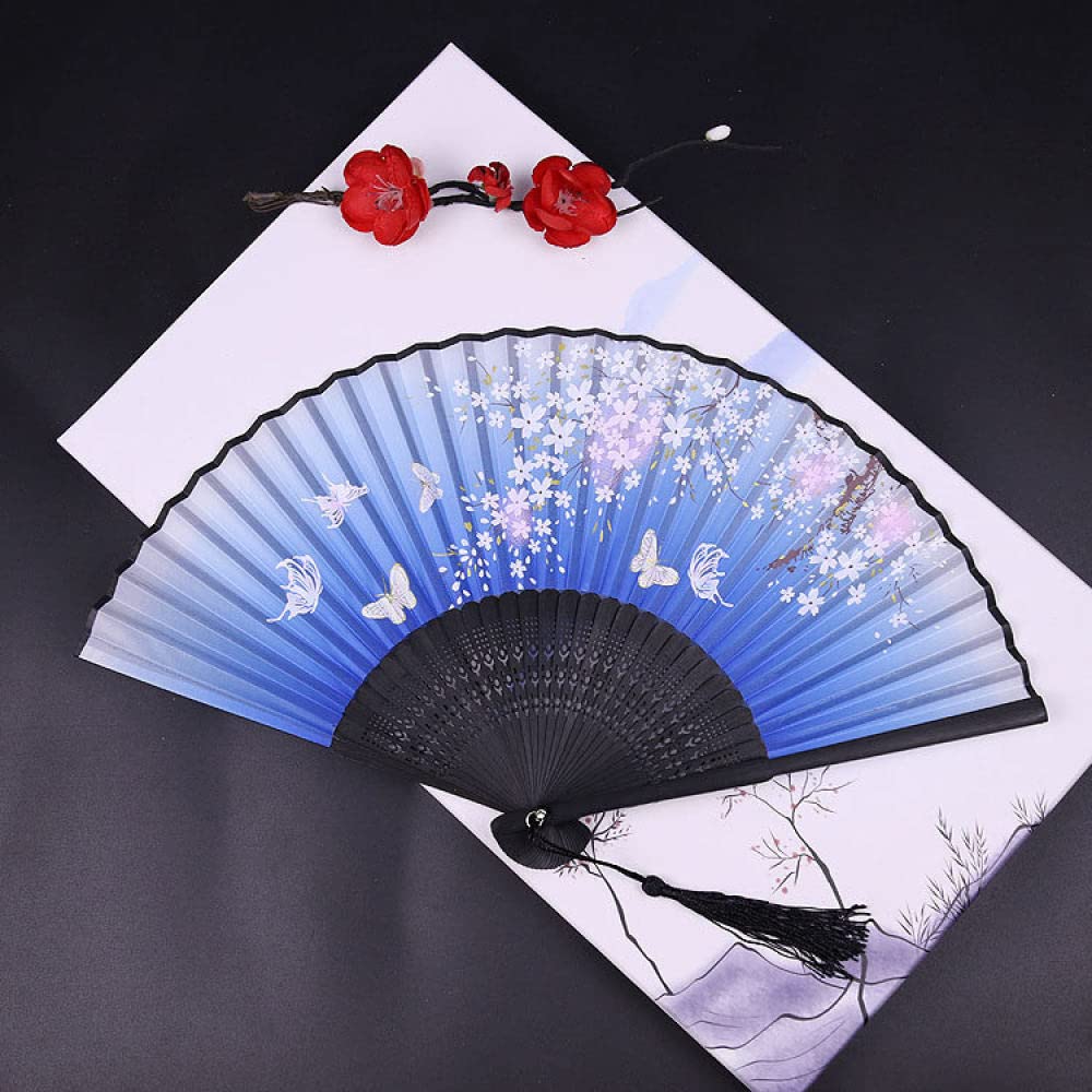 NZPOST Folding Fan Handheld, Decorative Folding Fans Elegant Cherry Blossoms Bamboo Silk Fans With Tassel Blue Gradient Japanese Chinese Fan