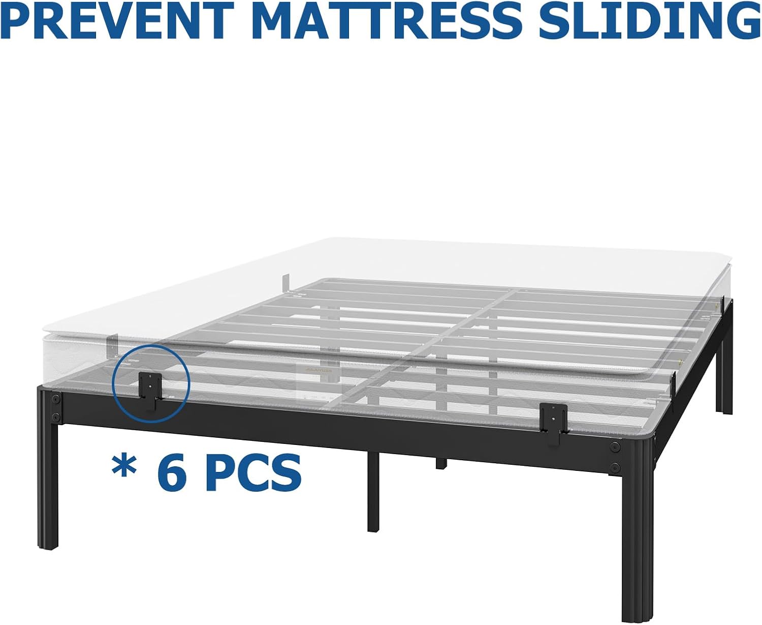 12 Inch High Metal Queen Bed Frame with 6 Pcs Metal Mattress Slide Stopper
