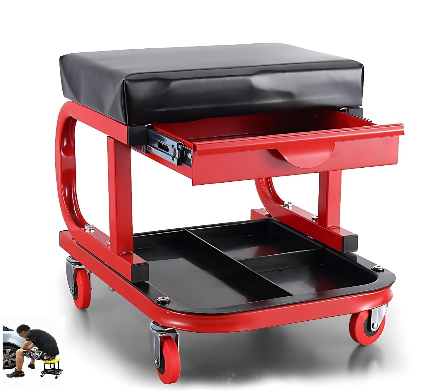 Hetkrishi Garage Shop Roller Seat 360 Degree Seat Low Rolling Stool Padded Creeper Trolley Seat Mechanic Stool for Workshop Stool Chair Repair Tools Tray Shop Auto Car Garage-image-46