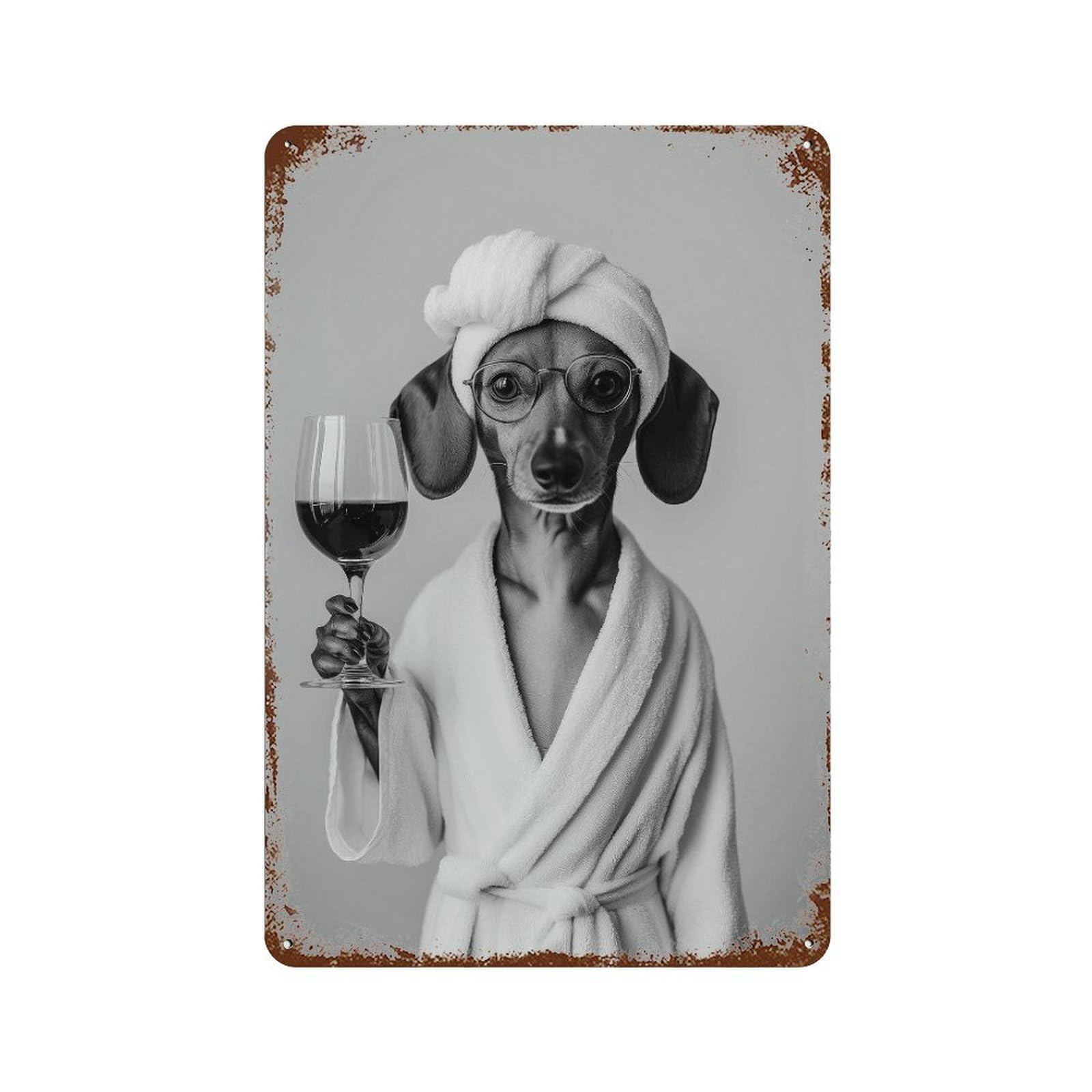 xiaoxiaoshen Dachshund in Bathrobe With Wine Print Wall Decor Art Metal Tin Poster Modern Home Decor Art Home Bar Shop Decorations Vintage Sign 30x20cm