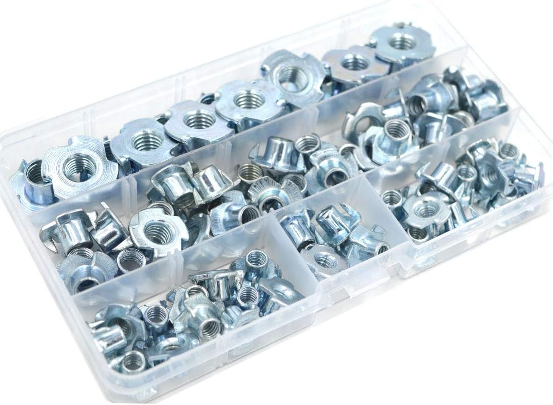 T Nuts 1/4"-20 5/16"-18 3/8"-16, SpzcdZa 75Pcs T Nut Zinc Plated Steel T-Nuts 4 Pronged Tee Blind Nuts Assortment Kit for Wood, Rock Climbing Holds, Cabinetry, Furniture etc.
