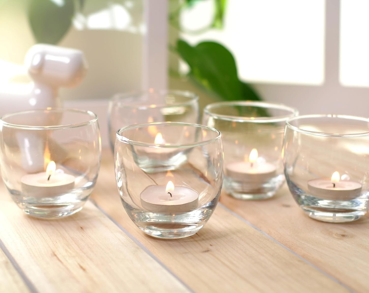 Hosley Enchanting Glow Set of 48 Clear Glass Tealight Holders 2.5 Inch Diameter Roly Poly Style Elegant Candle Holders for Weddings, Parties, and Everyday Ambiance