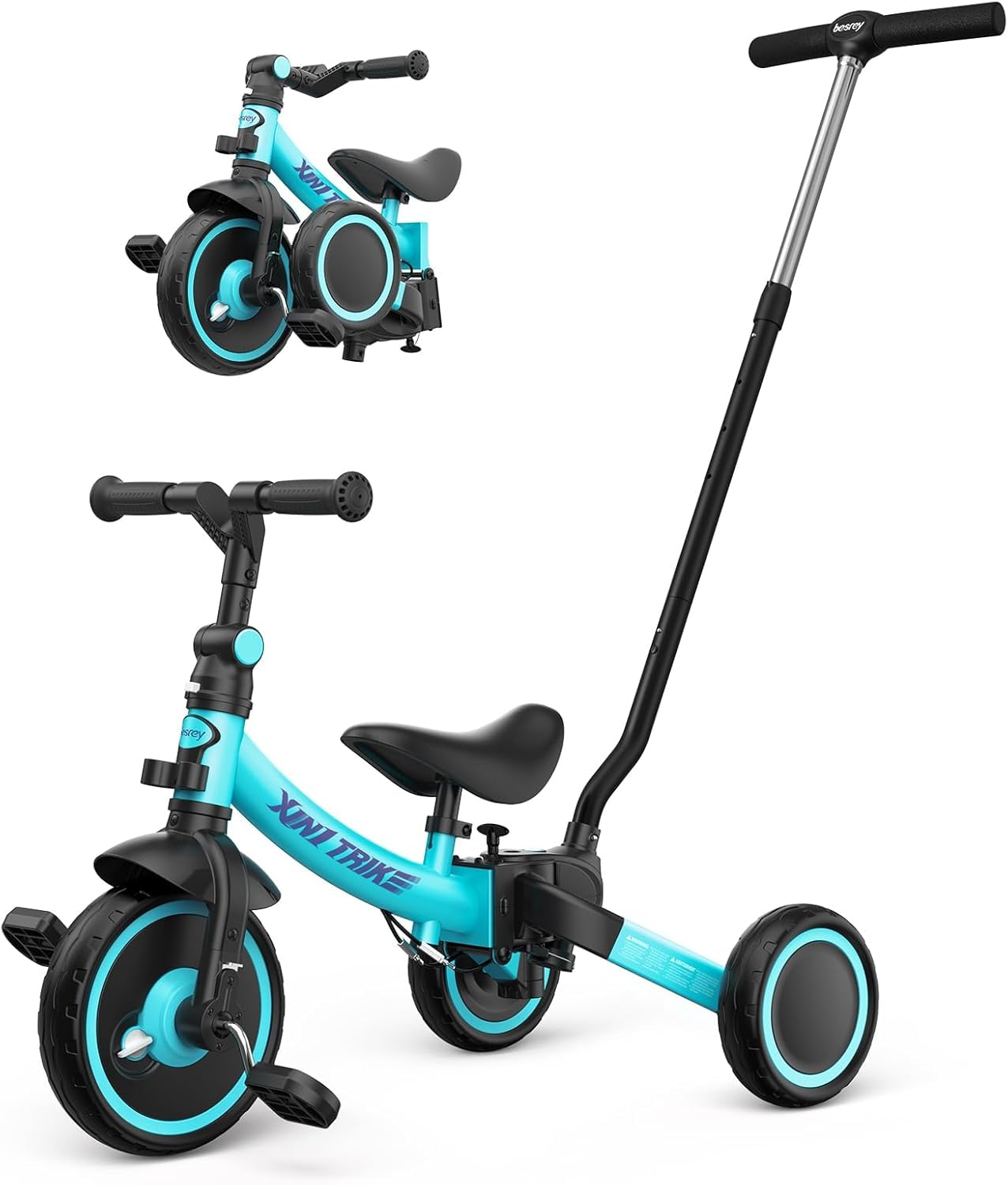 Besrey Triciclo Evolutivo 5-in-1, Bici Senza Pedali 1-5 Anni Turchese | Telaio curvo in acciaio al carbonio; sellino regolabile; pedali removibili; ruote piene; uso interno ed esterno
