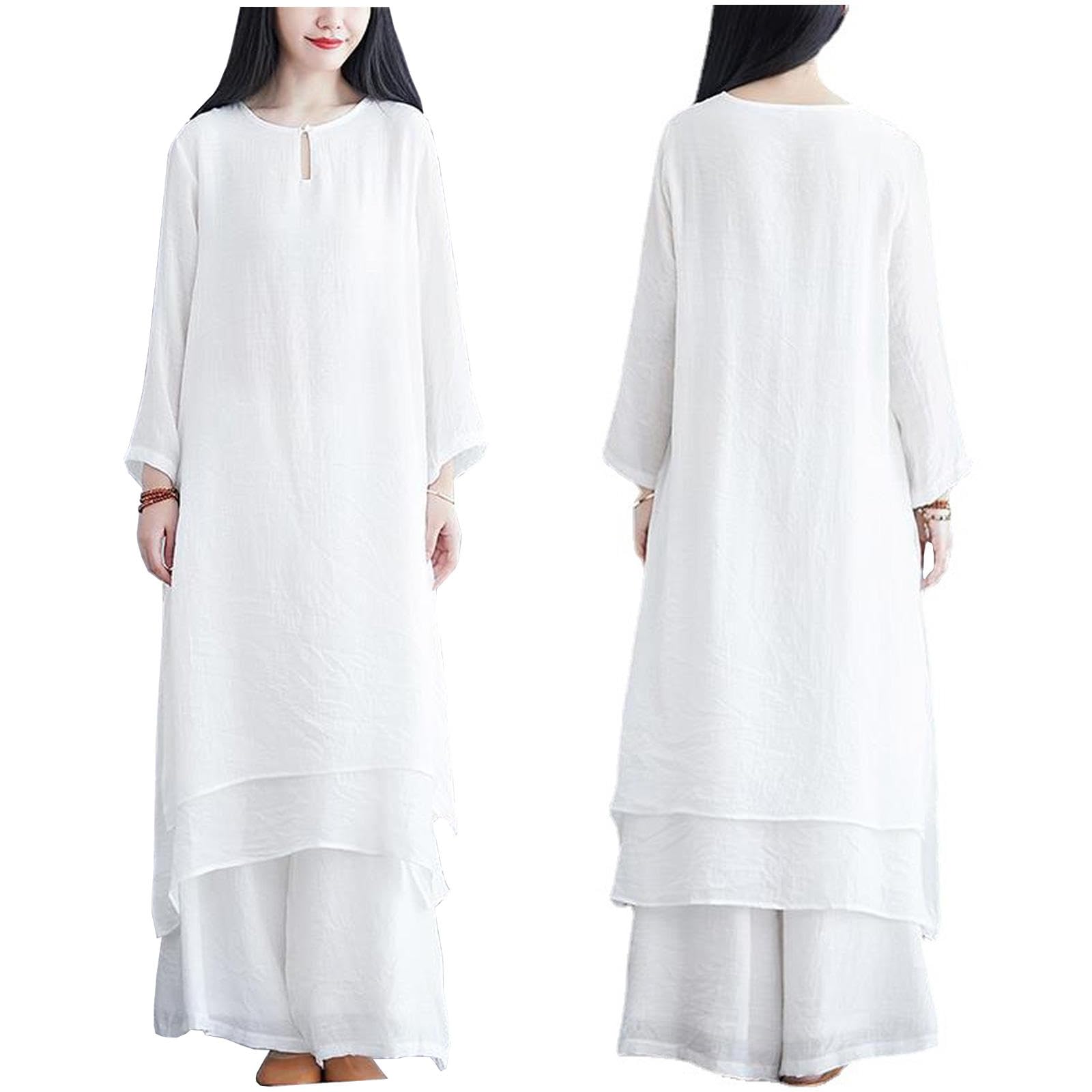 Abbigliamento Tai Chi da Donna in Seta e Lino, Uniforme Kung Fu, Tuta a Maniche Lunghe per Arti Marziali, per Meditazione Zen, Esercizi Mattutini,White-M