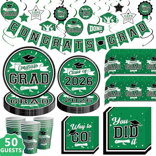 DAZONGE 2026 Graduation Decorations Green 265pcs Graduation Party Decorations for 50 Guests Disposable Class of 2026 Decorations Tableware Set Plates Napkins Cups Tablecloth Hanging Swirls