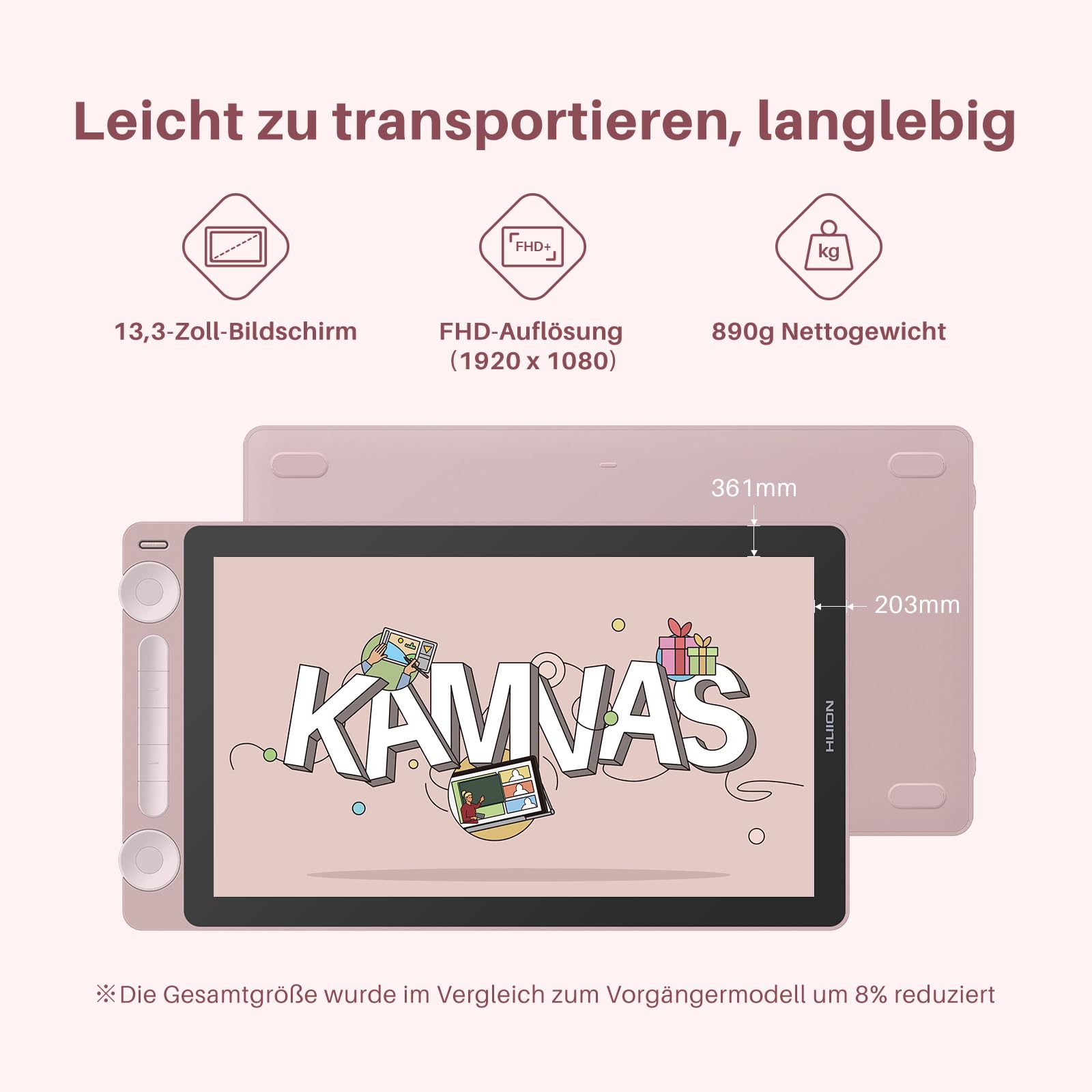 HUION Kamvas 13 Gen 3 Grafiktablett mit Display, Entspiegeltes Geätztes Glas, PenTech 4.0, 16384 Stiftdruck, Verstellbarer Ständer, 13,3 Zoll Dual Dial Zeichentablett für Designer, Künstler, Rosa