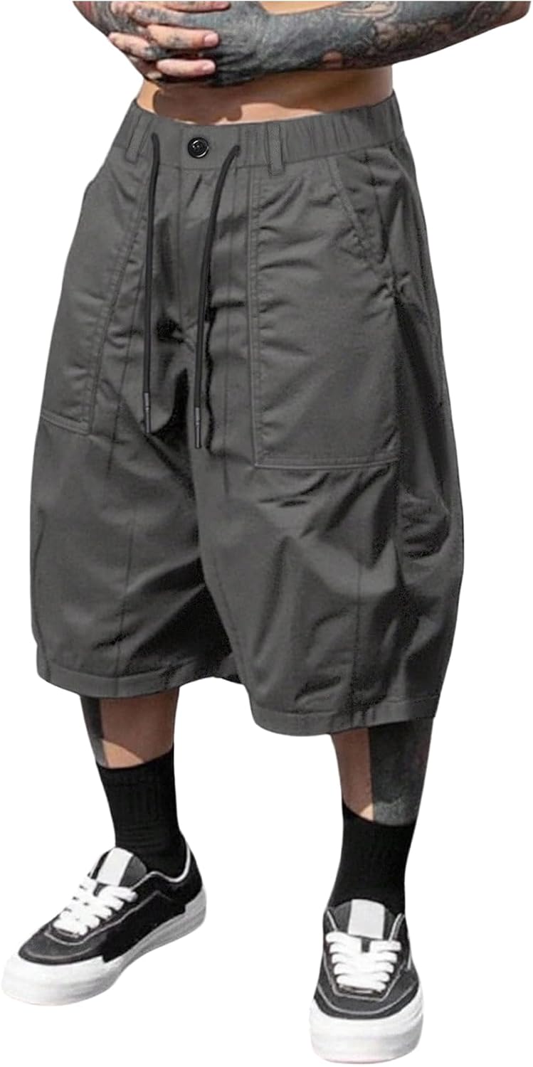 GORGLITTER Men's Summer Cargo Shorts Elastic High Waist Wide Leg Athletic Gym Basketball Drawstring Workout Shorts