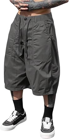 VIPWOLF Mens Streetwear Capri Shorts Drawstring Below Knee Loose Shorts with Pockets
