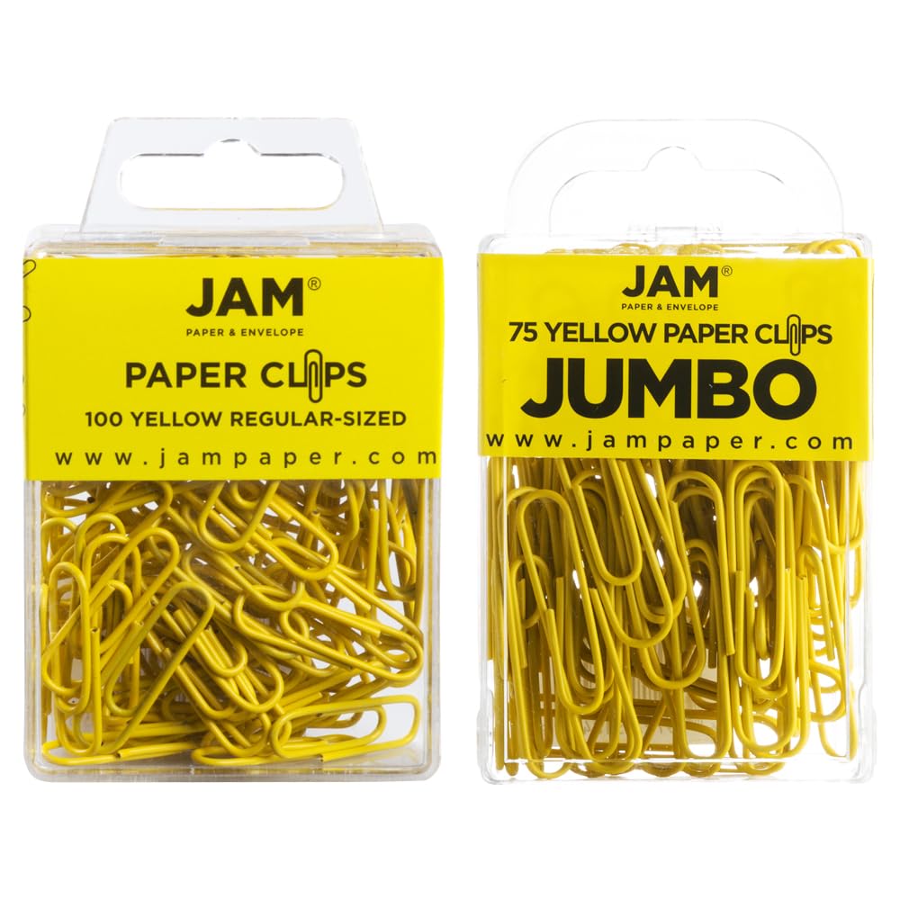 JAM PAPER Combo Pack Colorful Paper Clips - Standard & Jumbo - Yellow Paperclips - 1 Pack of 100 & 1 Pack of 75