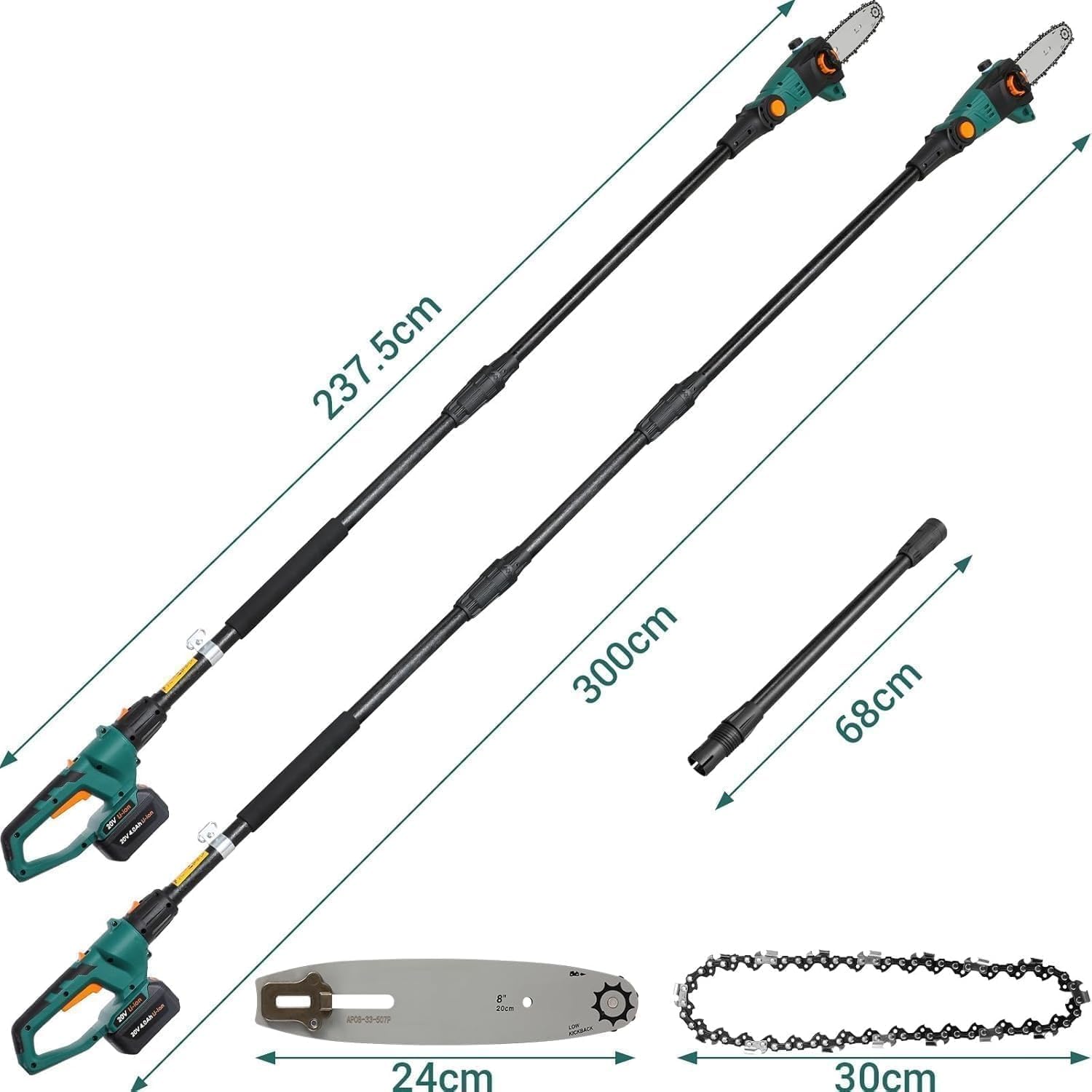 Potatore Telescopico, Sega Potatrice Elettrica, Sega ad Asta a Batteria, Batteria 20V 4Ah e Caricabatterie, Lama 20cm, Velocità Catena 5 m/s, Auto-Lubrificante, Testa Inclinabile, incl. Tracolla, 4 M