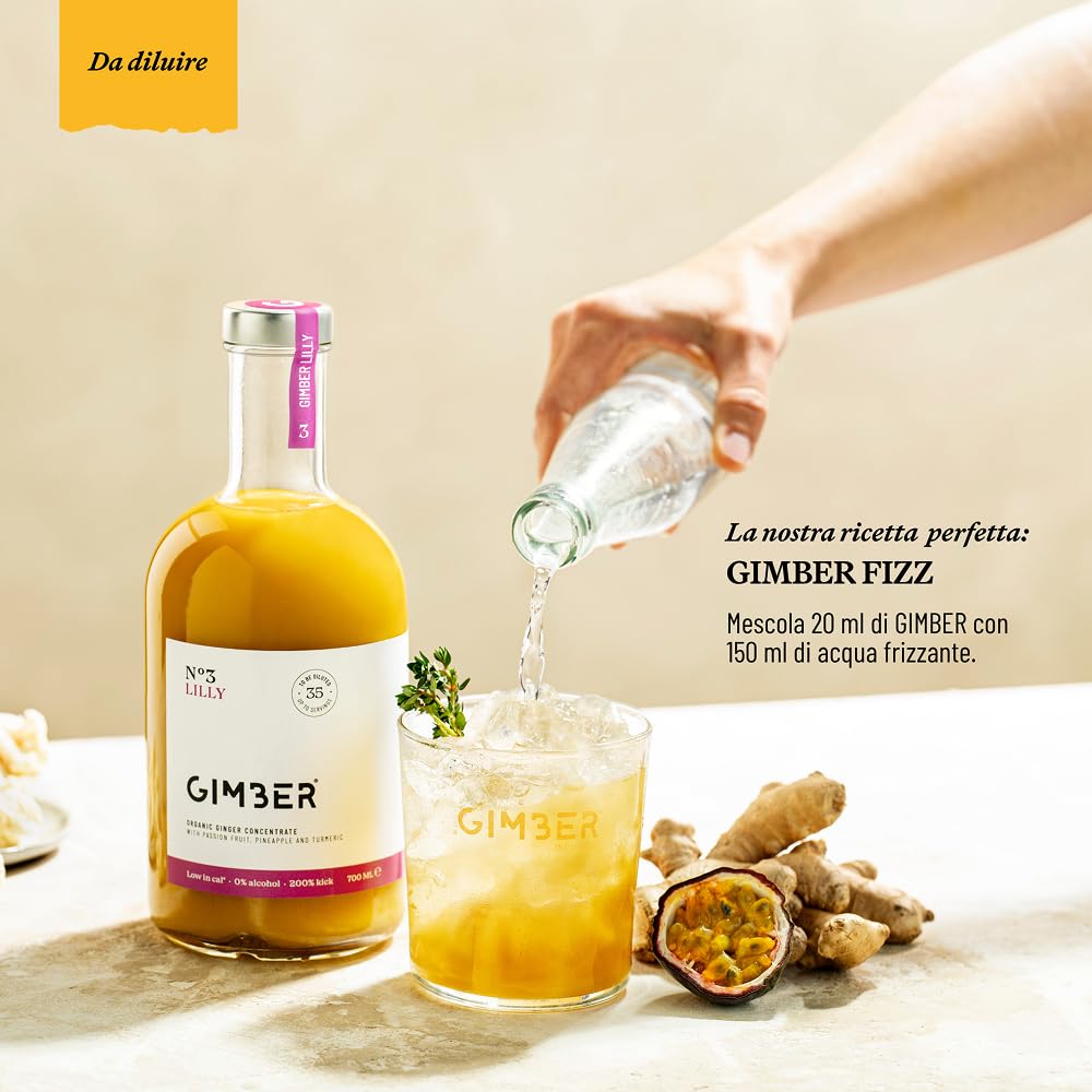 GIMBER N°3 500 ml Lilly – Concentrato di zenzero biologico | Concentrato analcolico di zenzero, frutto della passione, ananas e curcuma | Essenza premium per bevande, cocktail, cocktail e analcolici